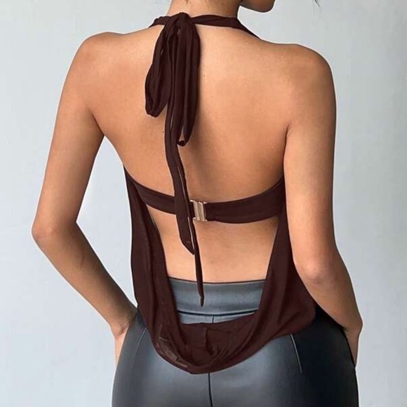 Draped Backless Halter Top with Gold Ring Detail - Brown - Picture 2 of 4